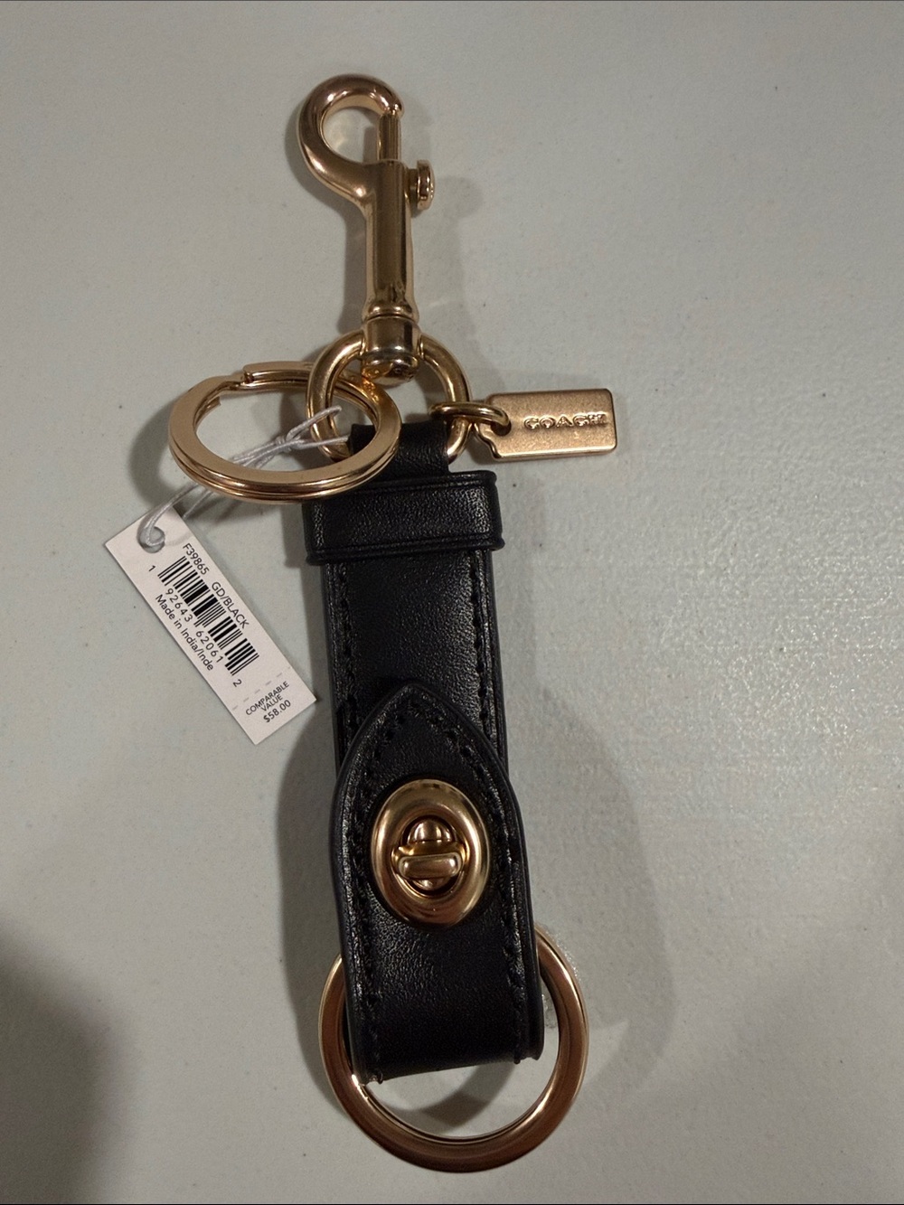 Coach Black Leather Key Holder with Gold-Tone Turnlock and Rings